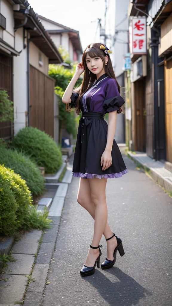 Full body, cosplay Anime girl in a purple and black dress with a purple sakura flower in her hair, artwork in the style of Gweitz, Gweitz, japanese Girl, Trending on cgstation, Cute anime  in a nice dress, Gweitz on pixiv artstation, palace ， Girl in Hanfu, Beautiful digital art, Gweitz on artstation pixiv, very very long brown hair rapunzel, dancing, walking, background japan city, excited