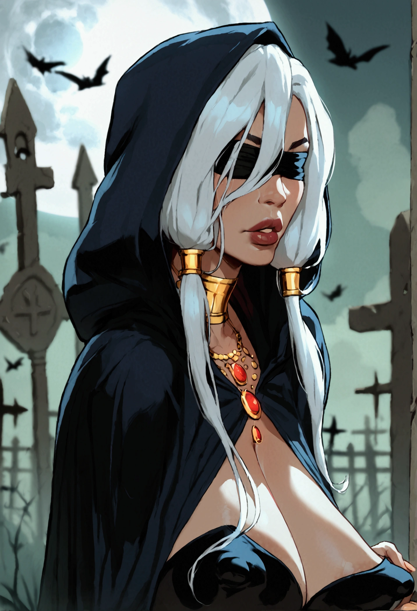 score_9, score_8_up, score_7_up, score_6_up, score_5_up, score_4_up, solo, necromancer lady, white hair, long fluffy side locks, hair tubes, big thick full lips, ((pouted lips)), ((mature woman)), ((NSFW)), sexy, saddened face, tears, gold bracelets and necklaces, ((body jewelry)), topless, (((hooded cloak))), tattered black cloak, tattered pelvic black curtain, ((blindfold)), pelvic curtain, sandals, (((gigantic breasts))), ((sagging breasts)), big nipples, wide hips, thick thighs, intricate details, detailed background, sharp focus, ((underground tomb)), mist fog, cemetery, gravestones, moon, spirits, dynamic, expressive, bleak world, ((clasped hands)), close up shot 