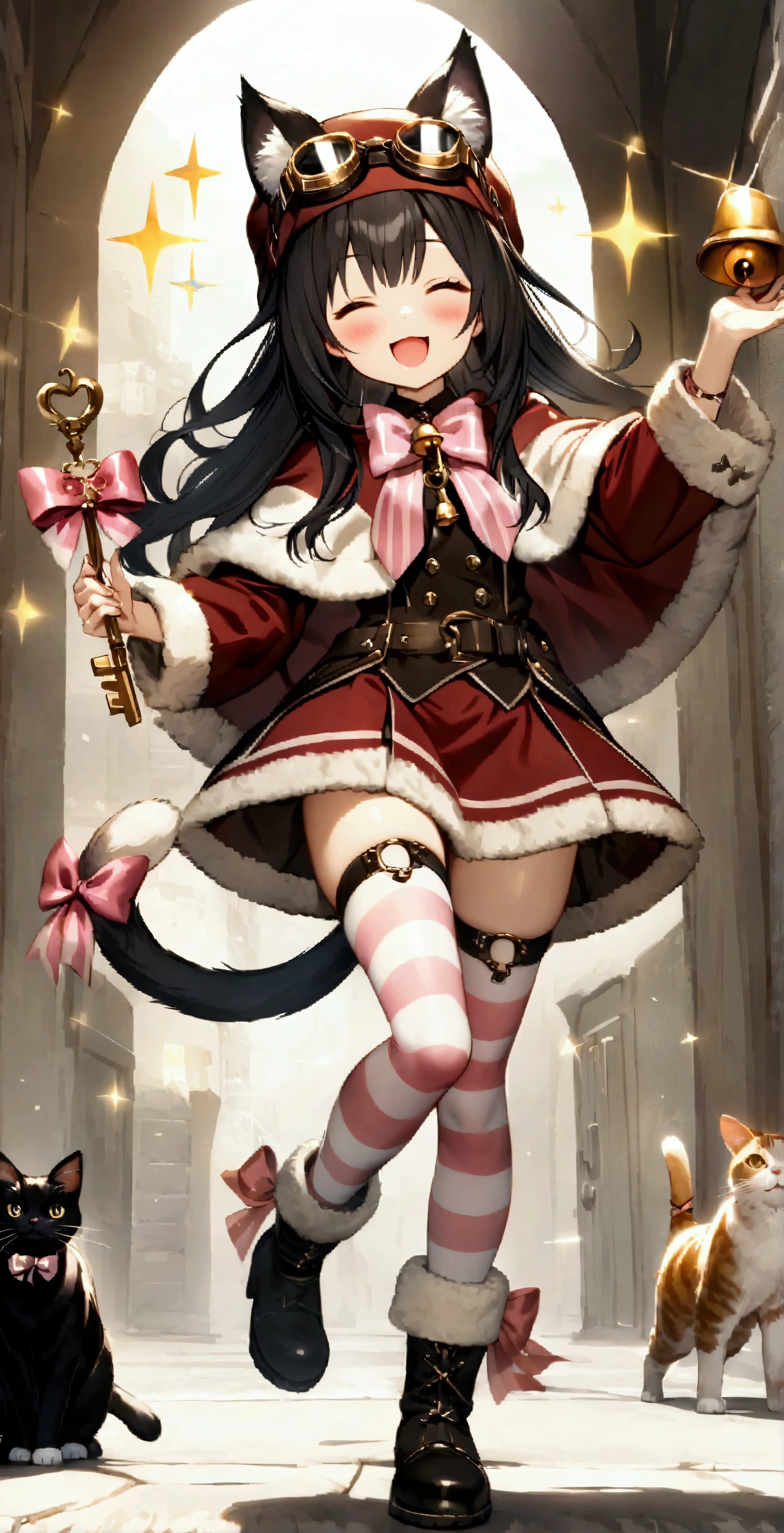 ((32k)), ((best quality)), ((ultra high res)), ((HDR)), ((UHD)), ((extremely detailed CG)), ((unity 32k wallpaper)), 1girl, solo, long hair, blush, smile, open mouth, skirt, black hair, thighhighs, long sleeves, hat, bow, ribbon, holding, animal ears, standing, tail, full body, closed eyes, boots, one eye closed, shorts, striped, cat ears, zettai ryouiki, coat, cat tail, sparkle, bell, capelet, cat, standing on one leg, cat girl, pink bow, goggles, striped thighhighs, tail ornament, key, ears through headwear, tail ribbon, tail bow, goggles on headwear, 1girl, solo, long hair, blush, smile, open mouth, skirt, black hair, thighhighs, long sleeves, hat, bow, ribbon, holding, animal ears, standing, tail, full body, closed eyes, boots, one eye closed, shorts, striped, cat ears, zettai ryouiki, coat, cat tail, sparkle, bell, capelet, cat, standing on one leg, cat girl, pink bow, goggles, striped thighhighs, tail ornament, key, ears through headwear, tail ribbon, tail bow, goggles on headwear, 