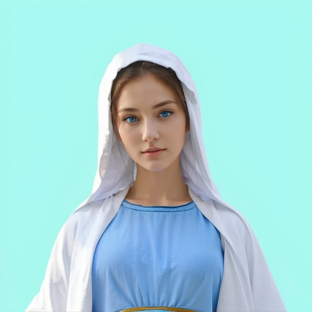 Beautiful woman with light blue eyes wearing blue tunic and white cloak