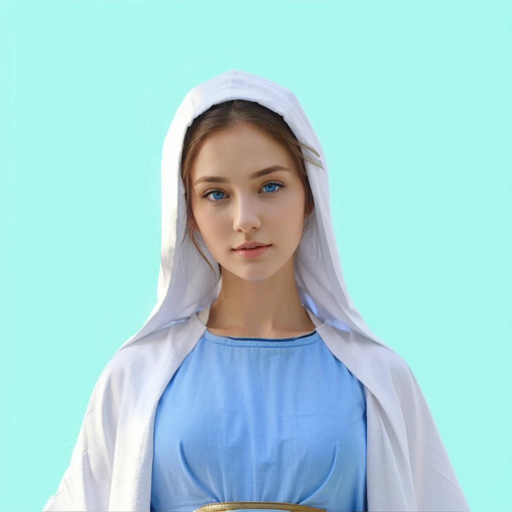 Beautiful woman with light blue eyes wearing blue tunic and white cloak