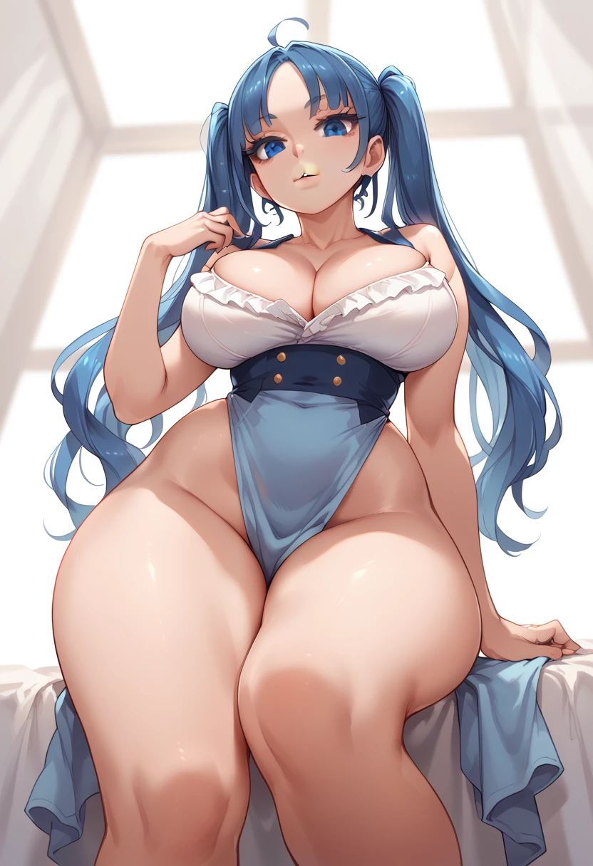 blue hair, long hair, pigtails, blue eyes, big lips, plump lips, big eyelashes, big breasts, big hips, hot, messy, sexy, cleavage, skinny, hourglass body, small waist, feet, from below, standing, feet focus