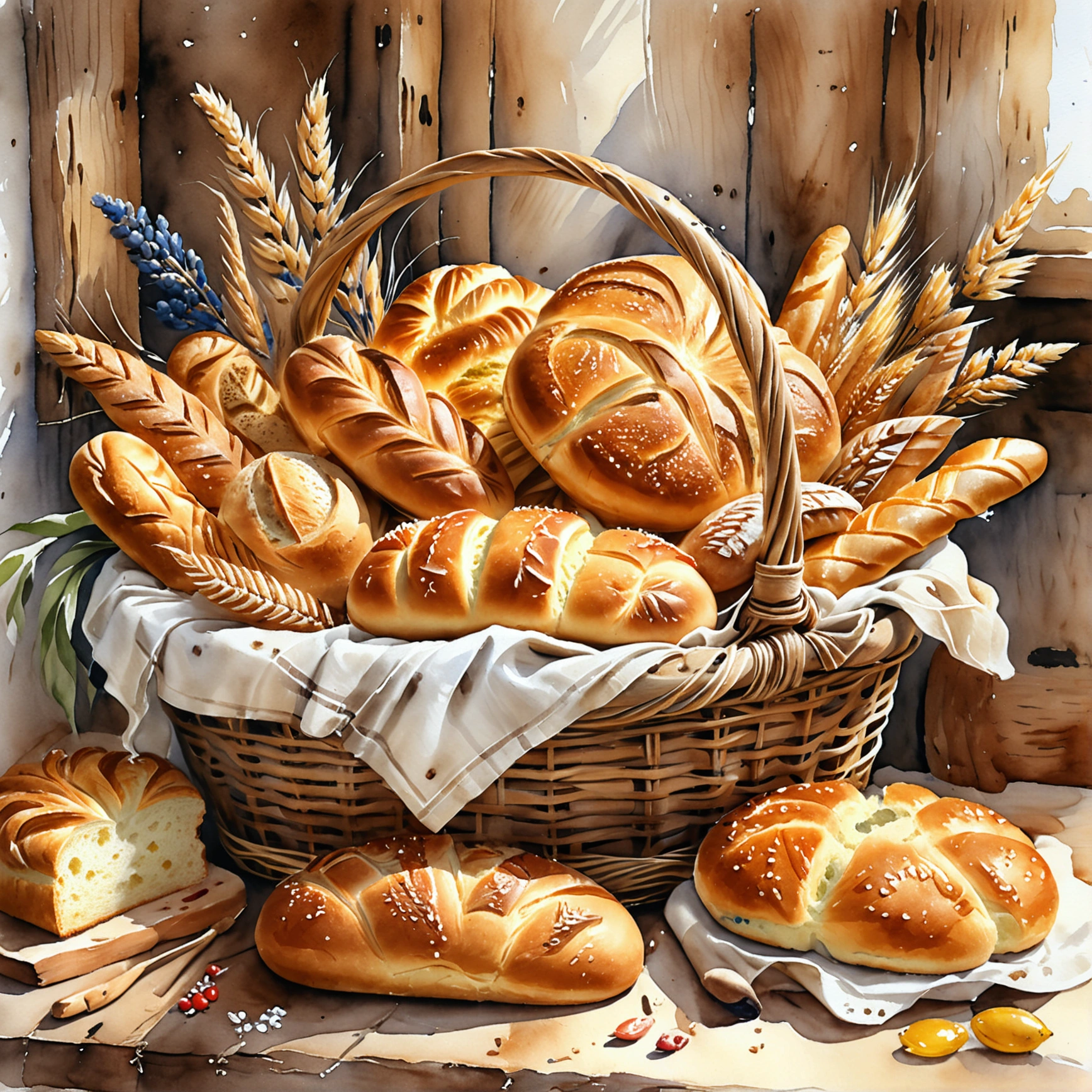 a wooden rattan basket ful of bakery, many type full of bread, cake, illustration, baking ingredients, isolated with solid white background, surrounded with negative space, centered composition, 8k, highest detailed painting, very precise painting, Isolated, clear solid white background, perspective angle of view, cartoon style, ((watercolor:1)), clip art, (lora:add-detail-xl:1), (masterpiece), (best quality),