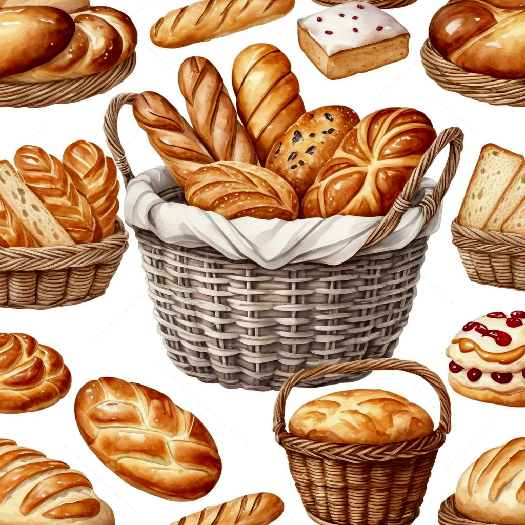 a wooden rattan basket ful of bakery, many type full of bread, cake, illustration, baking ingredients, isolated with solid white background, surrounded with negative space, centered composition, 8k, highest detailed painting, very precise painting, Isolated, clear solid white background, perspective angle of view, cartoon style, ((watercolor:1)), clip art, (lora:add-detail-xl:1), (masterpiece), (best quality),