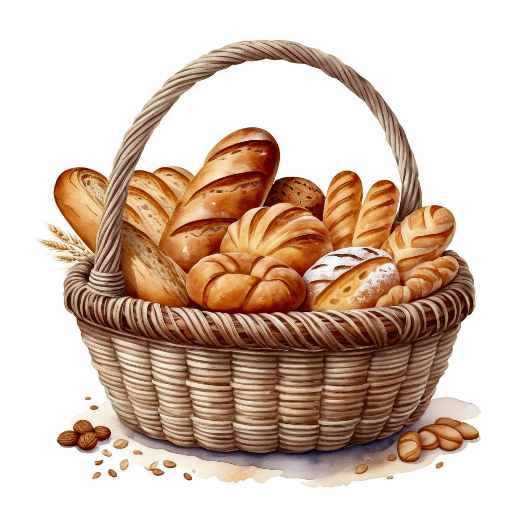 a wooden rattan basket ful of bakery, many type full of bread, cake, illustration, baking ingredients, isolated with solid white background, surrounded with negative space, centered composition, 8k, highest detailed painting, very precise painting, Isolated, clear solid white background, perspective angle of view, cartoon style, ((watercolor:1)), clip art, (lora:add-detail-xl:1), (masterpiece), (best quality),