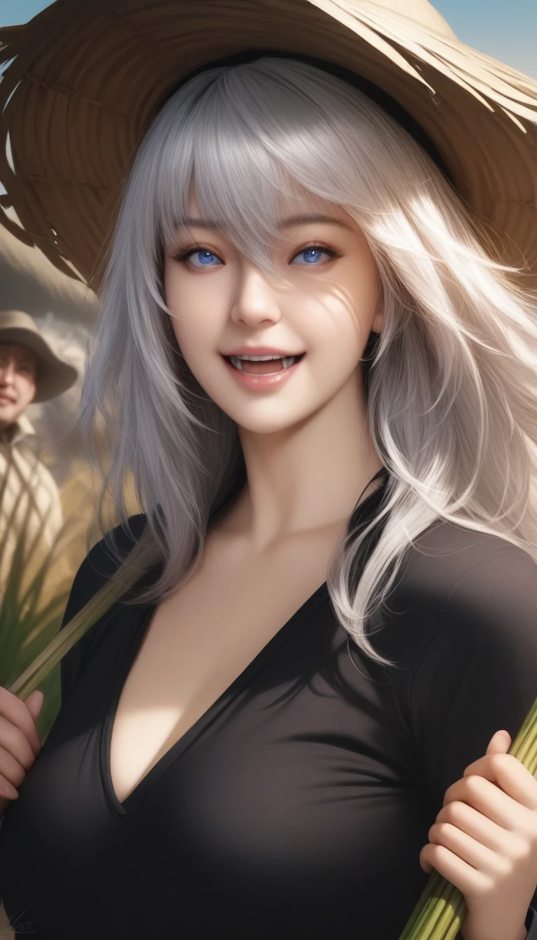 masterpiece, best quality, very aesthetic, absurdres, 1girl, mature_lady,animetoreal,realistic,photorealistic, smile,,1boy, charles-henri sanson \(fate\), fate/grand order, white hair, blue eyes, short hair, long sleeves, open mouth, long hair, holding, hair between eyes, hat, shirt,Thonga and Zulu Reed Huts (South Africa) - Circular huts made of reeds and thatch, prevalent in certain Southern African regions.,floating_hair