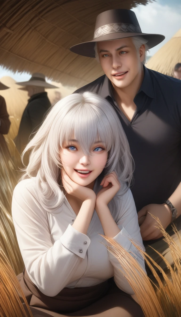 masterpiece, best quality, very aesthetic, absurdres, 1girl, mature_lady,animetoreal,realistic,photorealistic, smile,,1boy, charles-henri sanson \(fate\), fate/grand order, white hair, blue eyes, short hair, long sleeves, open mouth, long hair, holding, hair between eyes, hat, shirt,Thonga and Zulu Reed Huts (South Africa) - Circular huts made of reeds and thatch, prevalent in certain Southern African regions.,floating_hair