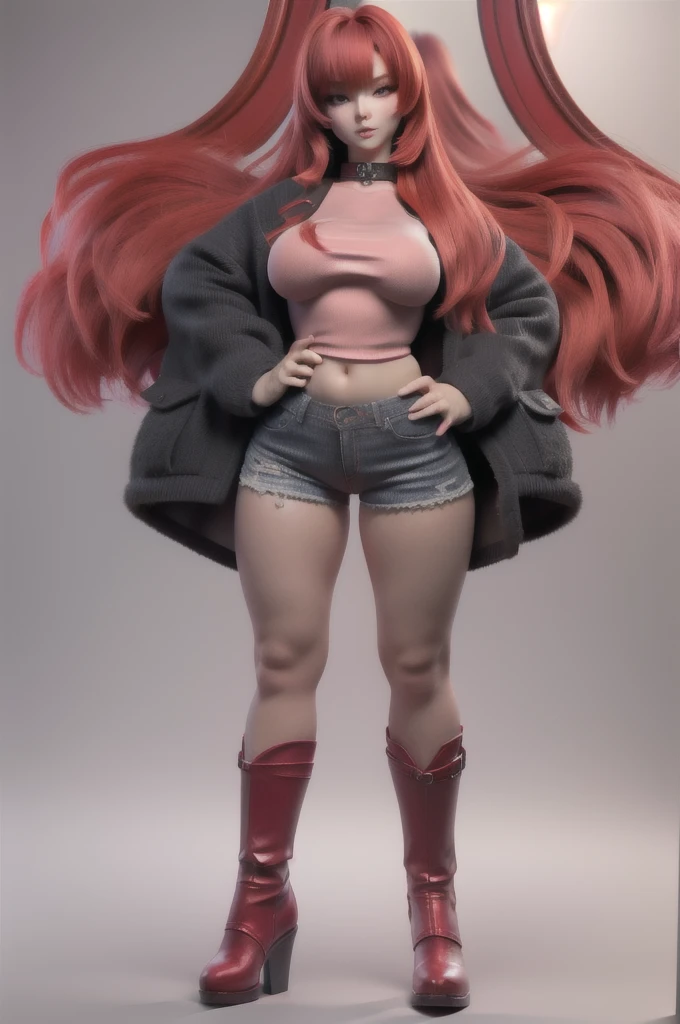 Neko girl with red hair and red boots posing, photorealistic perfect body, highly detailed giantess shot, thighs close up, realistic shaded perfect body, accentuated hips, hand on hips, black extremely tight jeans, middle shot waist up, she is staring in the mirror. realistic, waist - shot, thighs focus, 4k], 4 k ]