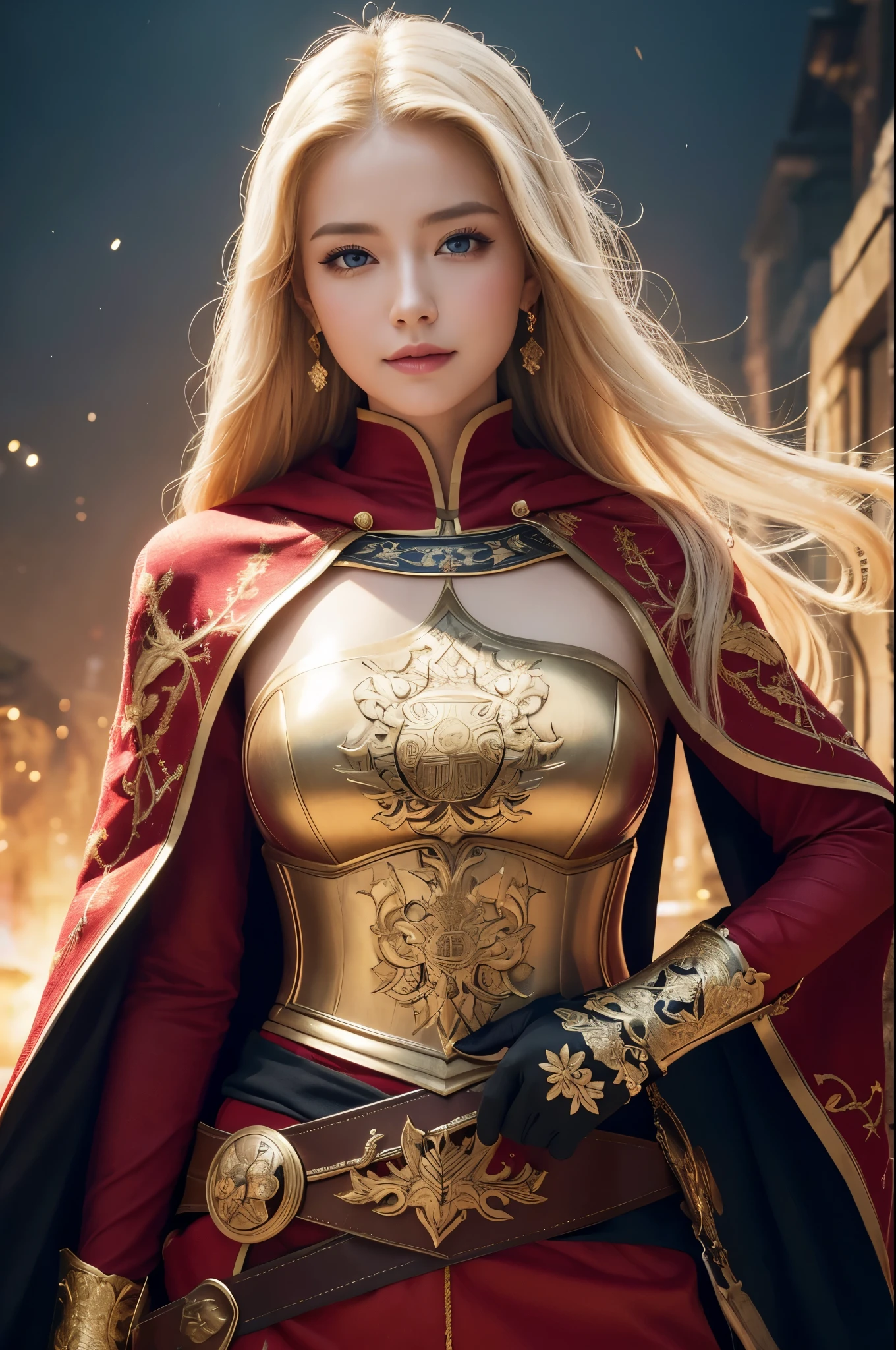 8K,Blonde princess in gorgeous red, white, Black and blue breastplate, Super Beauty(Like the real thing)Realistic Skin,美しいPrincess Night,blue eyes, Princess Night, ((美しい幻想的なPrincess Night)), Elegant , gorgeous princess paladin, 美しいPrincess Night,Ultra-high resolution,masterpiece,Surreal,Fantasy art,curator art,Cinestill 800,Captivating Gaze,Sexy,Close-up,Sexyな胸鎧,細くMuscularな身体,Battle Scenes,Action Scenes,Action pose,Equipped with a rapier on the waist,Royal coat of arms engraved on the breastplate,red and white luxurious cloak,Fight the enemy,Slender body,Muscular,gorgeous red and black pants(Gold embroidery),Small breasts,Childish appearance,Rugged appearance,身長が低いPrincess Night,Makeup,Big smile,