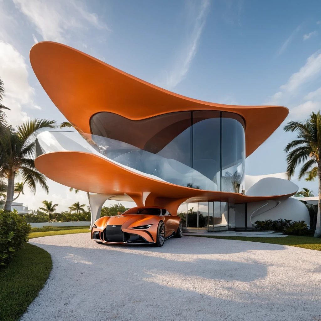 a futuristic house with a car parked in front of it, cgsocietywlop, beautiful curves, orange drapes, intricate devilish designs, qualia, interesting shapes & form, wow factor, elaborate polished, architectural rendering, miami, futuristic battlefield, inspired by James E. Brewton, precise architectural rendering