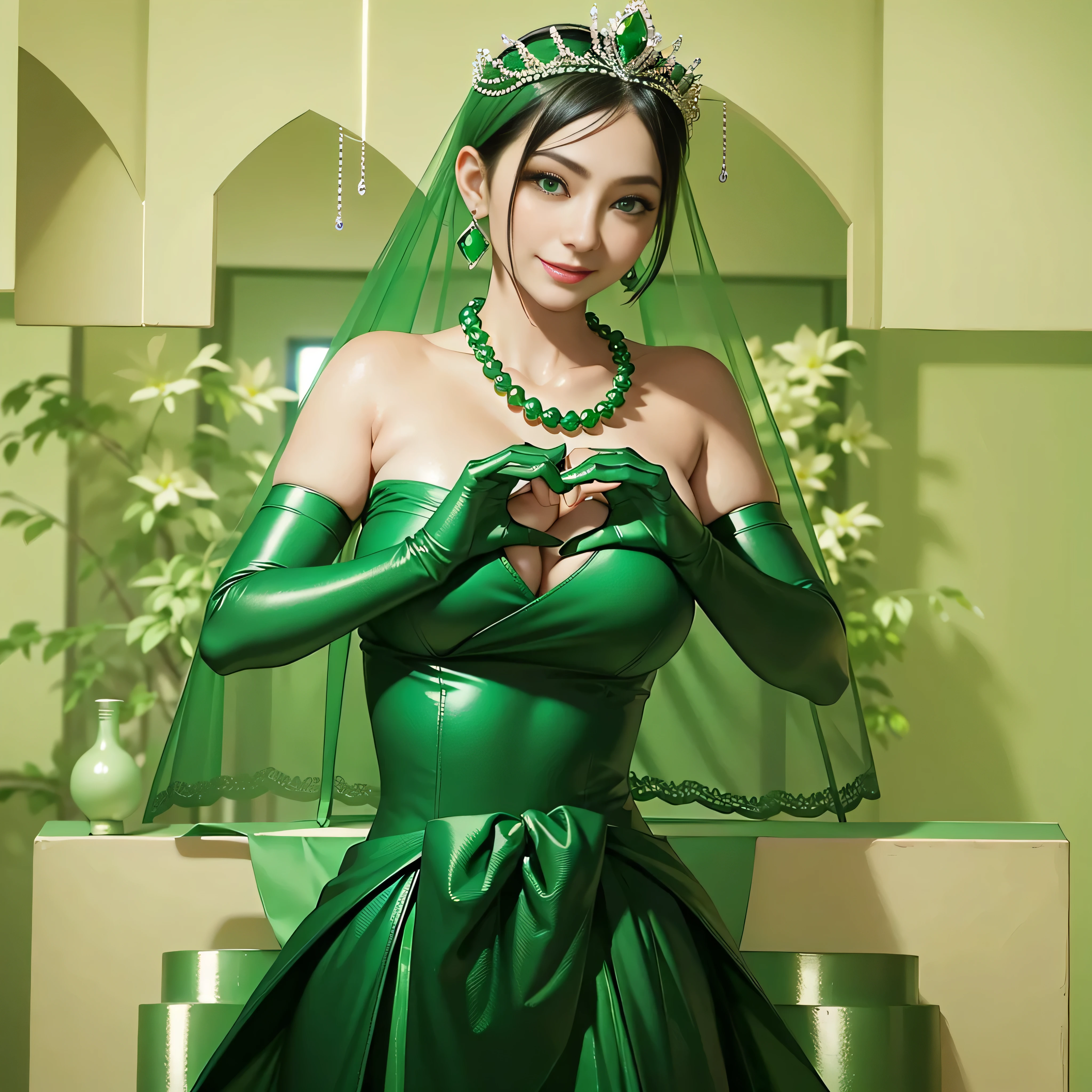 Emerald tiara, Green Pearl Necklace, Boyish, super short black hair, lipstick, Smiling Japanese woman, Very short hair,  Big tits beautiful, Green Eyes, Long green satin gloves, Green Eyes, Emerald Earrings, Green Veil, Heart with both hands