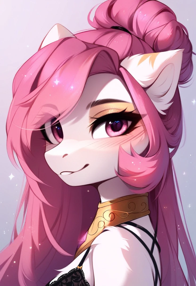check_9, check_8_up, check_7_up, source_fluffy, rating_safe, from Magnaluna, Celestia poses seductively in a white bedroom, dark pink mane with gold stripes in it, hair bun with bangs, pink eyes, white body, anthro, blushing, wearing goldern lingerie