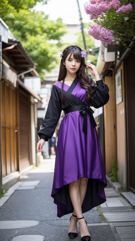 Full body, cosplay Anime girl in a purple and black dress with a purple sakura flower in her hair, artwork in the style of Gweitz, Gweitz, japanese Girl, Trending on cgstation, Cute anime in a nice dress, Gweitz on pixiv artstation, palace , Girl in Hanfu, Beautiful digital art, Gweitz on artstation pixiv, very very long brown hair rapunzel, dancing, walking, background japan city, excited
