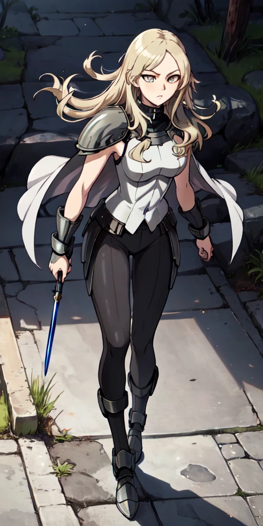  1girl, Wear armor, Sharp focus, offcial art, tall, athletic, silver hair, striking golden eyes, wears the standard Claymore uniform, a white sleeveless top, black pants, dark cloak, ((dajianTeresa)), full body