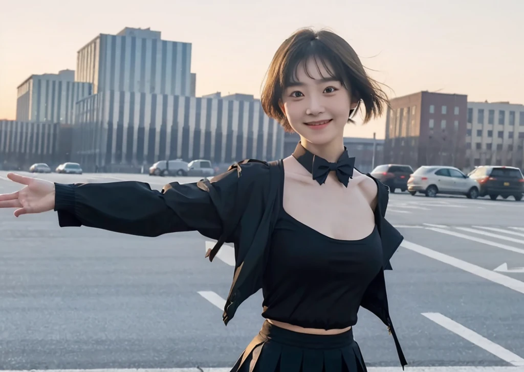 (masterpiece, best quality,extreme detAIled beautiful Eye), Optimal lighting, Perfect lighting,Look at the audience, (1 girl, Solitary,sky, City:1.3),NanasakiAI,Nanasaki_AI,
(whole body,Dynamic Angle,Dynamic poses,Smile,shining_Eye:1.2),(long_sleeve,Black_jacket,jacket,School_,Gibito_High target_School_:1.2),
(short_hAIr,Large target_breast,clavicle:1.2),Black_bow tie,Black_skirt,Wrinkles_skirt,White_shirt