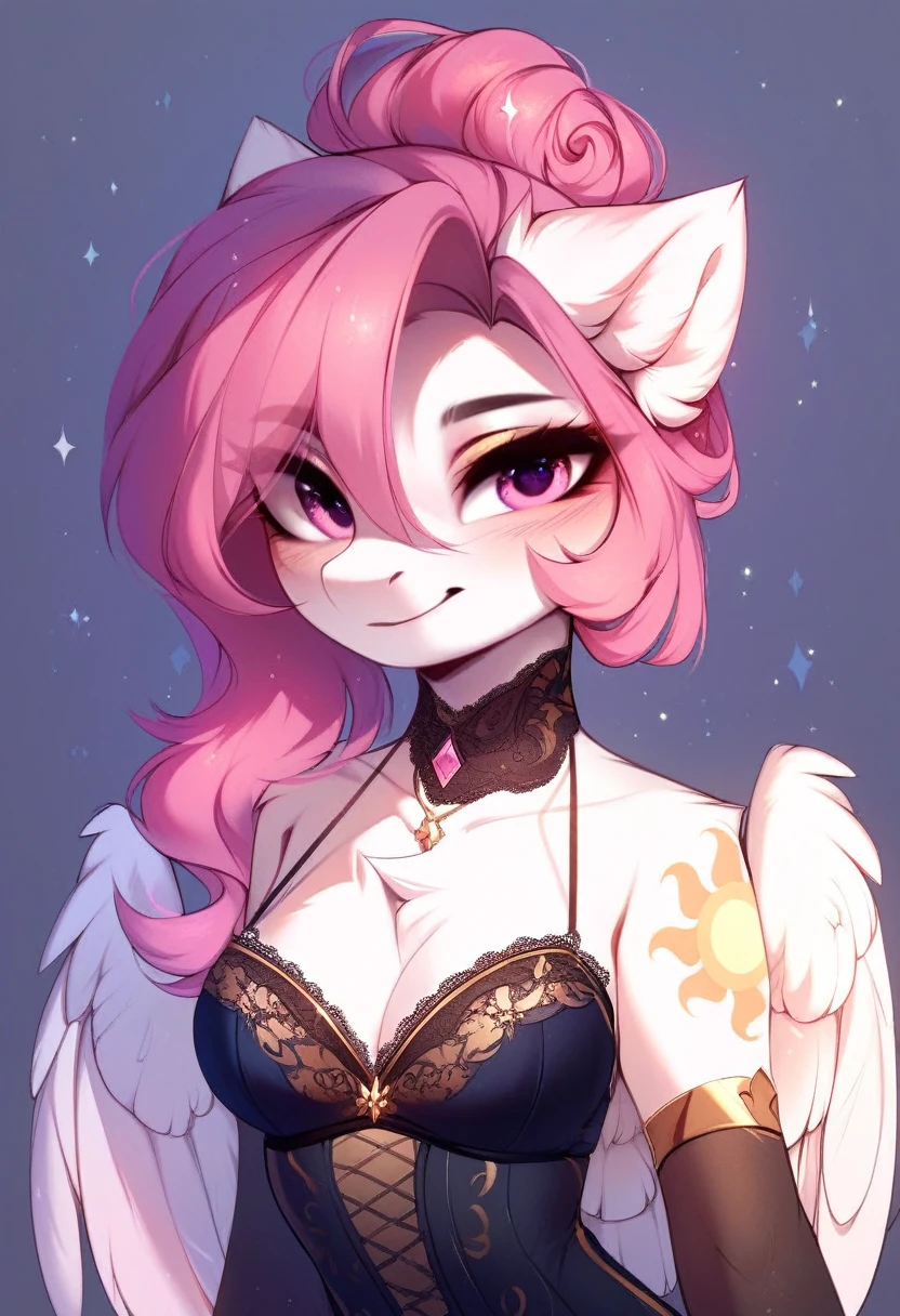 check_9, check_8_up, check_7_up, source_fluffy, rating_safe, from Magnaluna, Celestia poses seductively in a white bedroom, dark pink mane with gold stripes in it, hair bun with bangs, pink eyes, white body, anthro, blushing, wearing goldern lingerie 