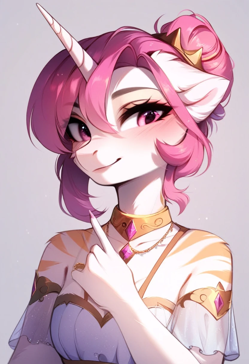 check_9, check_8_up, check_7_up, source_fluffy, rating_safe, from Magnaluna, Celestia poses seductively in a white bedroom, dark pink mane with gold stripes in it, hair bun with bangs, pink eyes, white body, anthro, blushing, wearing goldern lingerie 