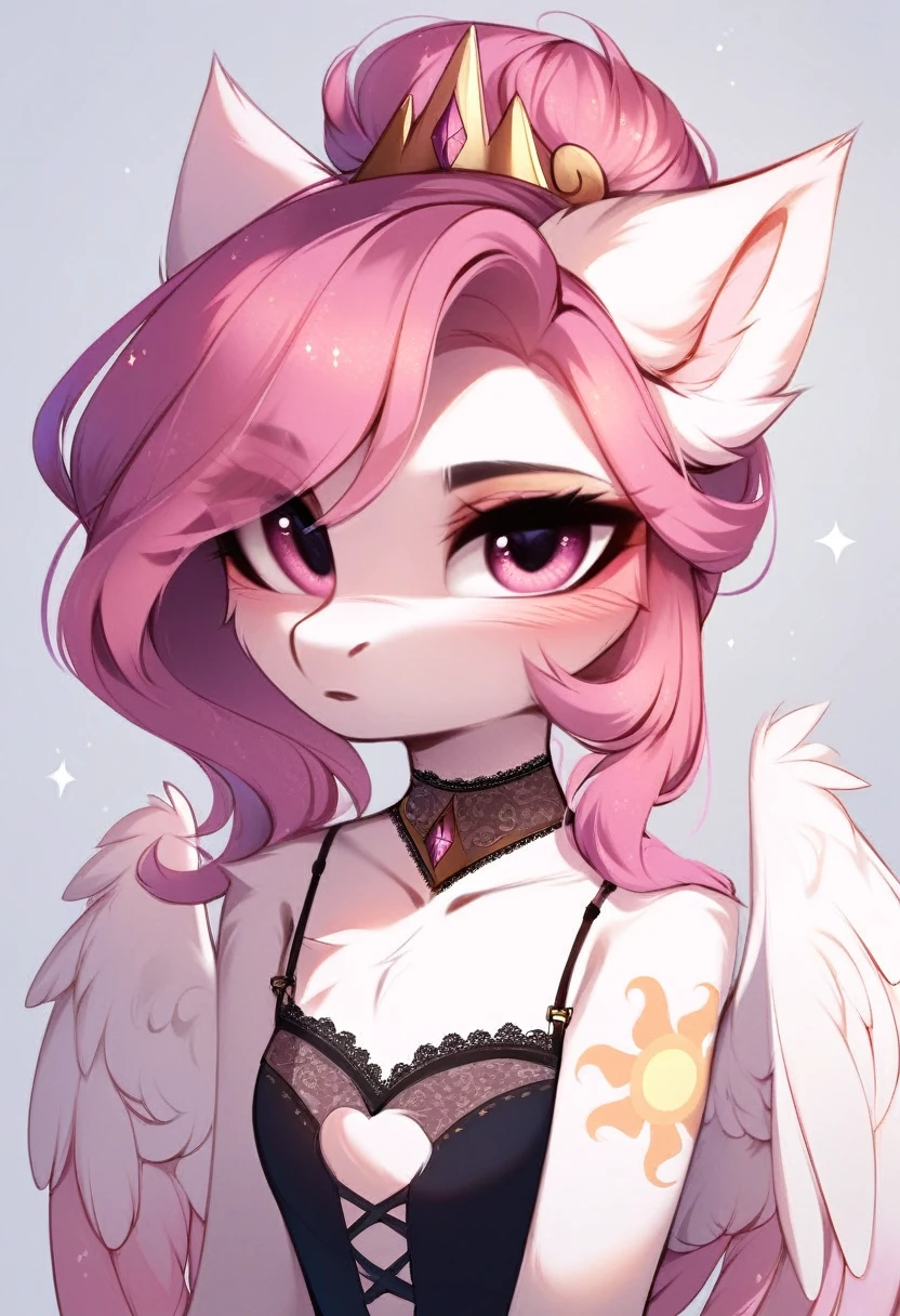 check_9, check_8_up, check_7_up, source_fluffy, rating_safe, from Magnaluna, Celestia poses seductively in a white bedroom, dark pink mane with gold stripes in it, hair bun with bangs, pink eyes, white body, anthro, blushing, wearing goldern lingerie 