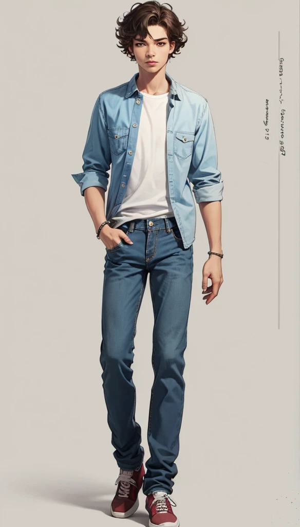  solo, full body, Brazilian 1boy , wavy hair, wearing jeans and shirt