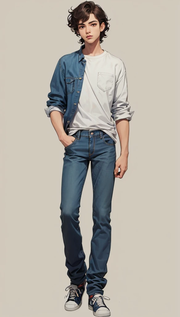  solo, full body, Brazilian 1boy 16 years old, wavy hair, wearing jeans and shirt