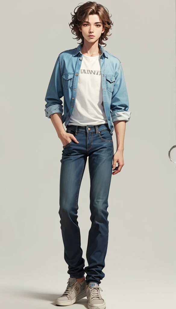 solo, full body, Brazilian 1boy 16 years old, wavy hair, wearing jeans and shirt