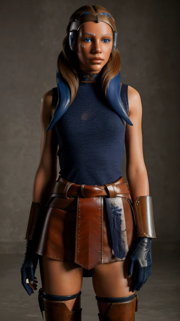 masterpiece, best quality, highres, 1girl, solo, blue eyes, boots, orange skin, gloves, tattoo, tentacle hair, colored skin, facial mark, facial tattoo, belt, forehead mark, lips, armor, long hair, ((faceless, mannequin)) ((faceless, mannequin))