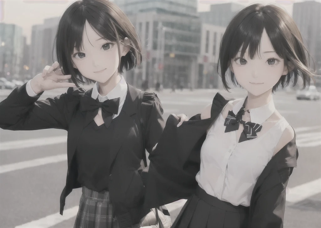 (masterpiece, best quality,extreme detAIled beautiful Eye), Optimal lighting, Perfect lighting,Look at the audience, (1 girl, Solitary,sky, City:1.3),NanasakiAI,Nanasaki_AI,
(whole body,Dynamic Angle,Dynamic poses,Smile,shining_Eye:1.2),(long_sleeve,Black_jacket,jacket,School_,Gibito_High target_School_:1.2),
(short_hAIr,Large target_breast,clavicle:1.2),Black_bow tie,Black_skirt,Wrinkles_skirt,White_shirt