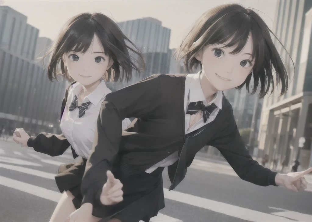 (masterpiece, best quality,extreme detAIled beautiful Eye), Optimal lighting, Perfect lighting,Look at the audience, (1 girl, Solitary,sky, City:1.3),NanasakiAI,Nanasaki_AI,
(whole body,Dynamic Angle,Dynamic poses,Smile,shining_Eye:1.2),(long_sleeve,Black_jacket,jacket,School_,Gibito_High target_School_:1.2),
(short_hAIr,Large target_breast,clavicle:1.2),Black_bow tie,Black_skirt,Wrinkles_skirt,White_shirt