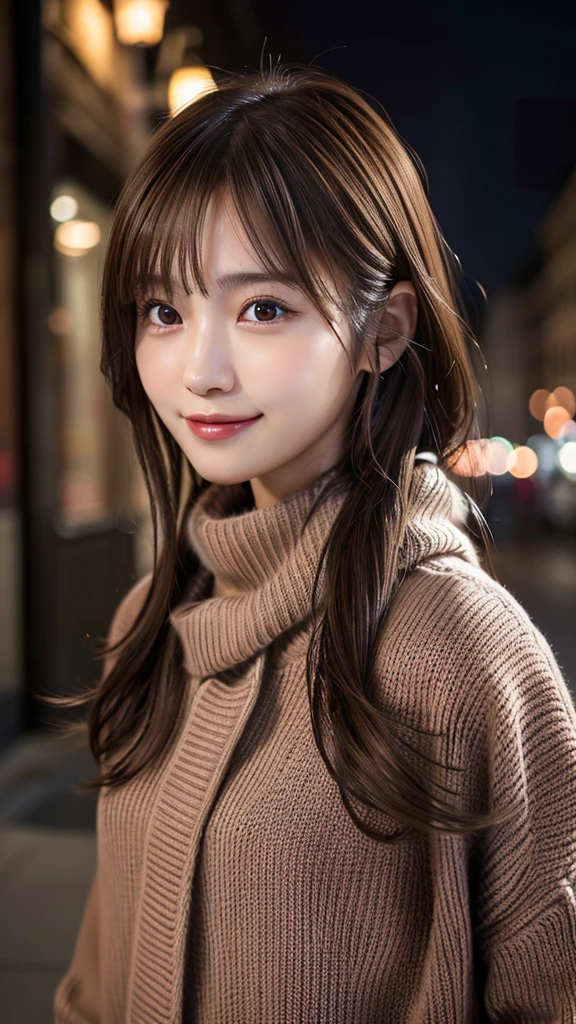 1 Japanese girl,(Bordeaux sweater:1.4),(He has a big scarf around his neck:1.2), (RAW Photos, Highest quality), (Realistic, Photorealistic:1.4), Tabletop, Very delicate and beautiful, Very detailed, 8k wallpaper, wonderful, In detail, Very detailedCG Unity, High resolution, Soft Light, Beautiful and detailed 19 year old girl, Very detailed目と顔, Beautifully detailed nose, Beautiful attention to detail,Cinema Lighting,City lights at night,Perfect Anatomy,Slender body,smile  (My hair is messy, Asymmetrical bangs, Light brown hair,)