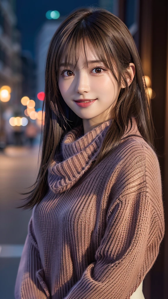 1 Japanese girl,(Bordeaux sweater:1.4),(He has a big scarf around his neck:1.2), (RAW Photos, Highest quality), (Realistic, Photorealistic:1.4), Tabletop, Very delicate and beautiful, Very detailed, 8k wallpaper, wonderful, In detail, Very detailedCG Unity, High resolution, Soft Light, Beautiful and detailed 19 year old girl, Very detailed目と顔, Beautifully detailed nose, Beautiful attention to detail,Cinema Lighting,City lights at night,Perfect Anatomy,Slender body,smile  (My hair is messy, Asymmetrical bangs, Light brown hair,)