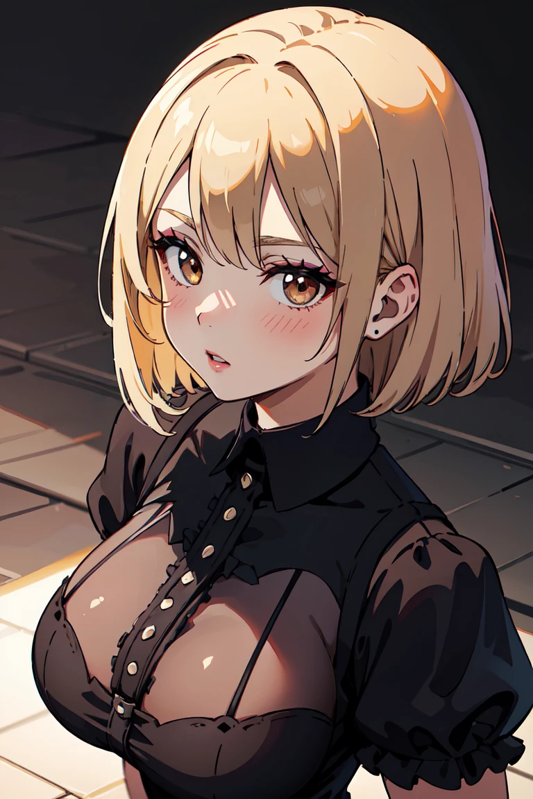 masterpiece, best quality, highly detailed background, perfect lighting, best quality, (extremely detailed face), volumetric lighting, intricate details, shadow, tonemapping, sharp focus, hyper detailed, trending on Artstation, (solo) ((Looking at the viewer)) .Girl with short blond hair.  Brown eyes. curvy. Blush, Clear skin.  Big bust.((Gothic dressed)). Gothic shoes. ((Gothic makeup)) ((neighborhood neighbor)) Dynamic pose
