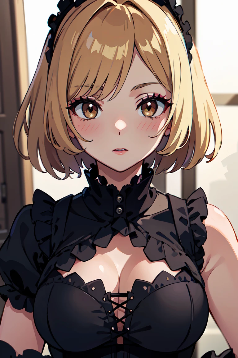 masterpiece, best quality, highly detailed background, perfect lighting, best quality, (extremely detailed face), volumetric lighting, intricate details, shadow, tonemapping, sharp focus, hyper detailed, trending on Artstation, (solo) ((Looking at the viewer)) .Girl with short blond hair.  Brown eyes. curvy. Blush, Clear skin.  Big bust.((Gothic dressed)). Gothic shoes. ((Gothic makeup)) ((neighborhood neighbor)) Dynamic pose