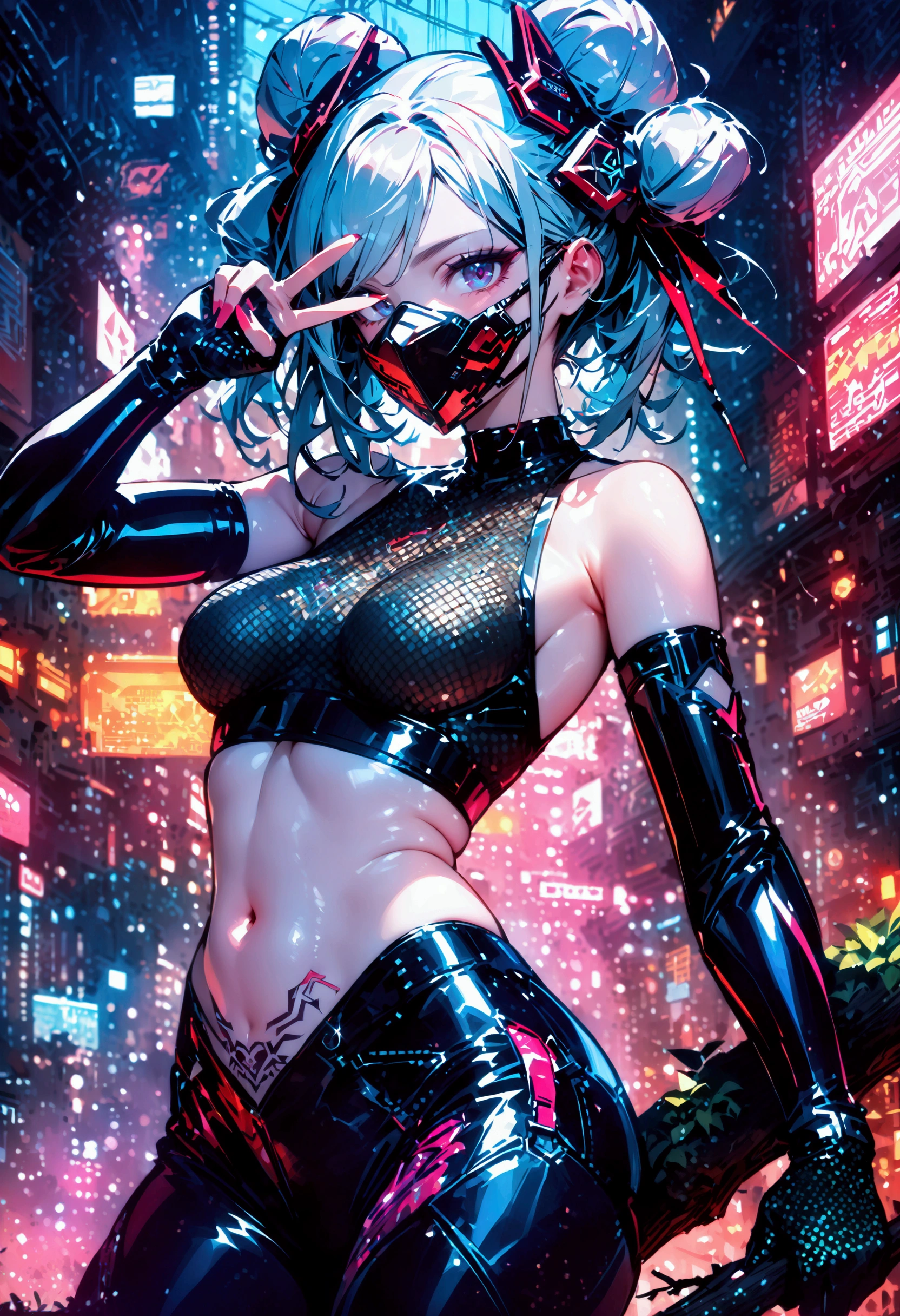 beautiful Cybernetics girl, heart hair bun, Hair accessories, (Delicate skin), Pale skin, black crop top made of circuit boards, Navel tattoo, sexy Futuristic pants, on branch, v, (Metal Surgical Mesh Mask) Cover your face, ((Mouth covered)), cyberpunk background,Sensual, is attractive, Japanese words with glitter effect, (masterpiece:1.3), (best quality:1.3), (ultra detailed:1.3), 8k, extremely clear