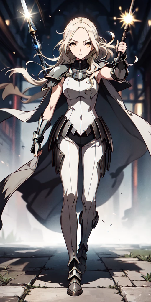  1girl, Wear armor, Sharp focus, offcial art, tall, athletic, silver hair, striking golden eyes, wears the standard Claymore uniform, a white sleeveless top, black pants, dark cloak, ((dajianTeresa)), full body