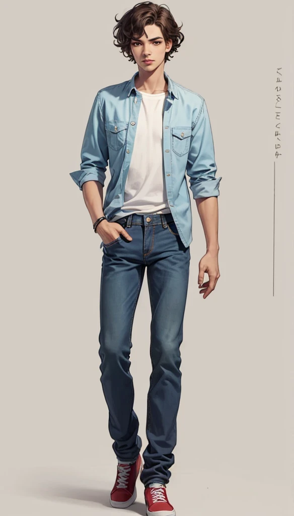  solo, full body, Brazilian 1boy , wavy hair, wearing jeans and shirt