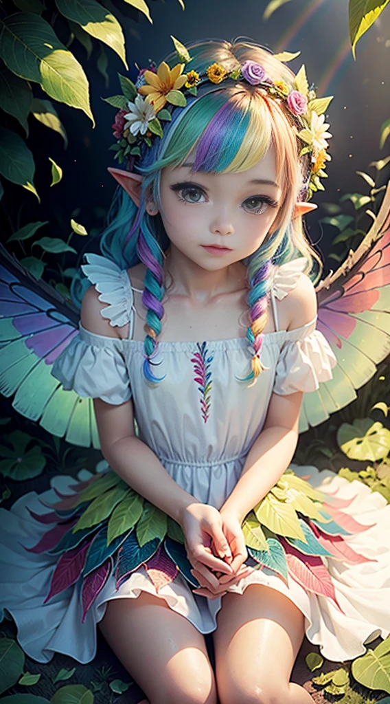 cute  fairy rainbow wings rainbow angel wings rainbow hair pointy ears flower crown dress made of leaves lots of flowers leaves sitting on a big leaf leaves big flower flower crown sunshine sitting sparkling light