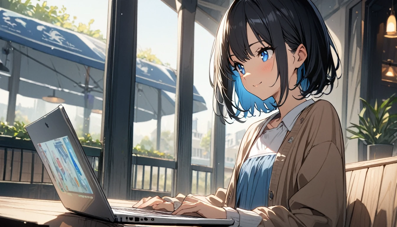 (1girl in),(beautiful blue eyes finely detailed、Face to detail、flat chest, masterpiece sidelighting、​masterpiece、top-quality、detaileds、High resolution illustration),Woman using laptop on the open terrace of a fashionable café、18year old、OL、Everyday clothes、A smile、frontage、The upper part of the body、black hair、Short bob hair、The upper part of the body、