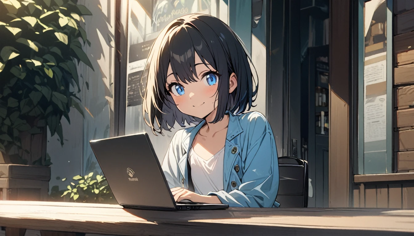 (1girl in),(beautiful blue eyes finely detailed、Face to detail、flat chest, masterpiece sidelighting、masterpiece、top-quality、detaileds、High resolution illustration),Woman using laptop on the open terrace of a fashionable café、18year old、OL、Everyday clothes、A smile、frontage、The upper part of the body、black hair、Short bob hair、The upper part of the body、