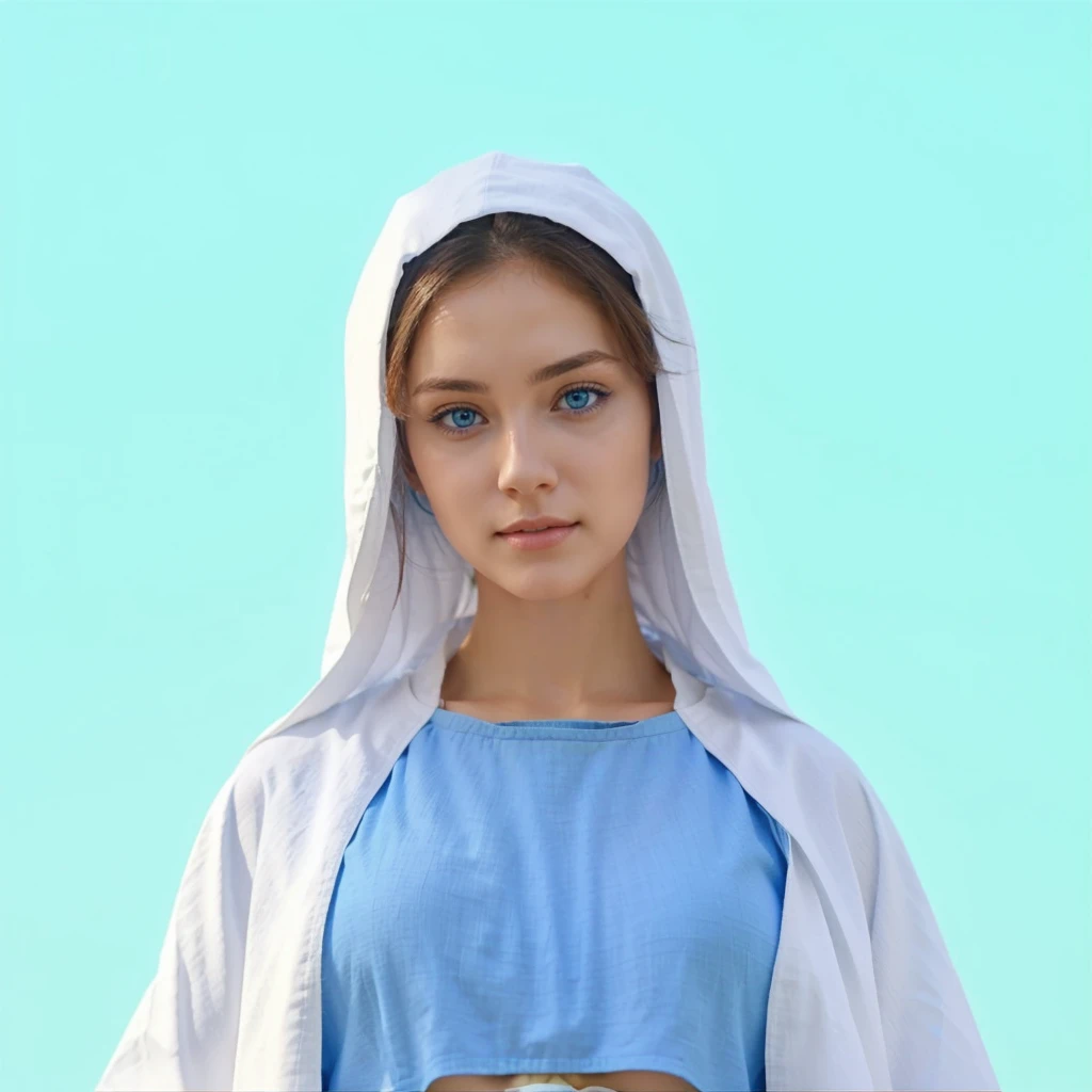 Beautiful woman with light blue eyes wearing blue tunic and white cloak