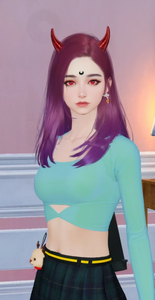 A young woman, 18 years old, with horns and a purple hair, (red eyes:1.5) , dark piercing eyes, devious evil expression, character close up, piercing gaze, ( ( deep black eyes ) ), cat - like scarlet eyes, cruel korean goth girl, with long hair and piercing eyes, close up character, glowing ember eyes, character close-up