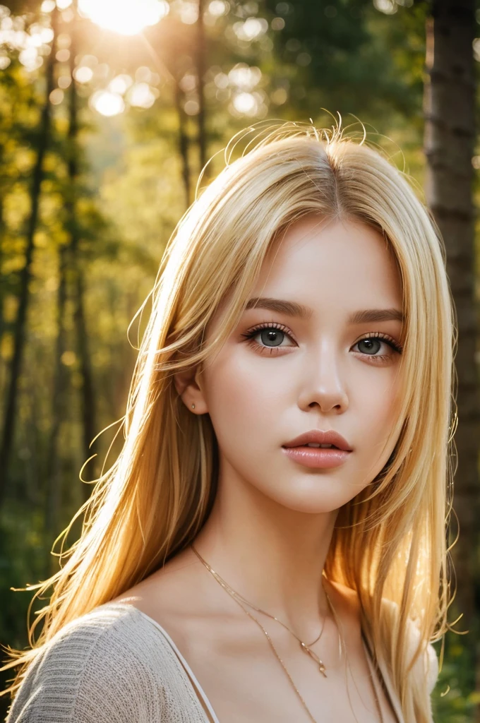 Close-up portrait, Sexy SS Blonde, parted lips, lips, Casual Dresses, View your audience, Forest Background, Sunset Light, Realistic、Large Breasts、Cleavage