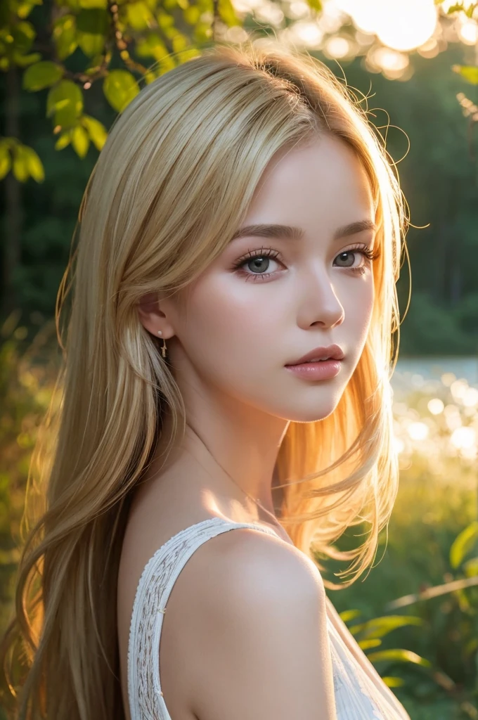 Close-up portrait, Sexy SS Blonde, parted lips, lips, Casual Dresses, View your viewers, Forest Background, Sunset Light, Realistic