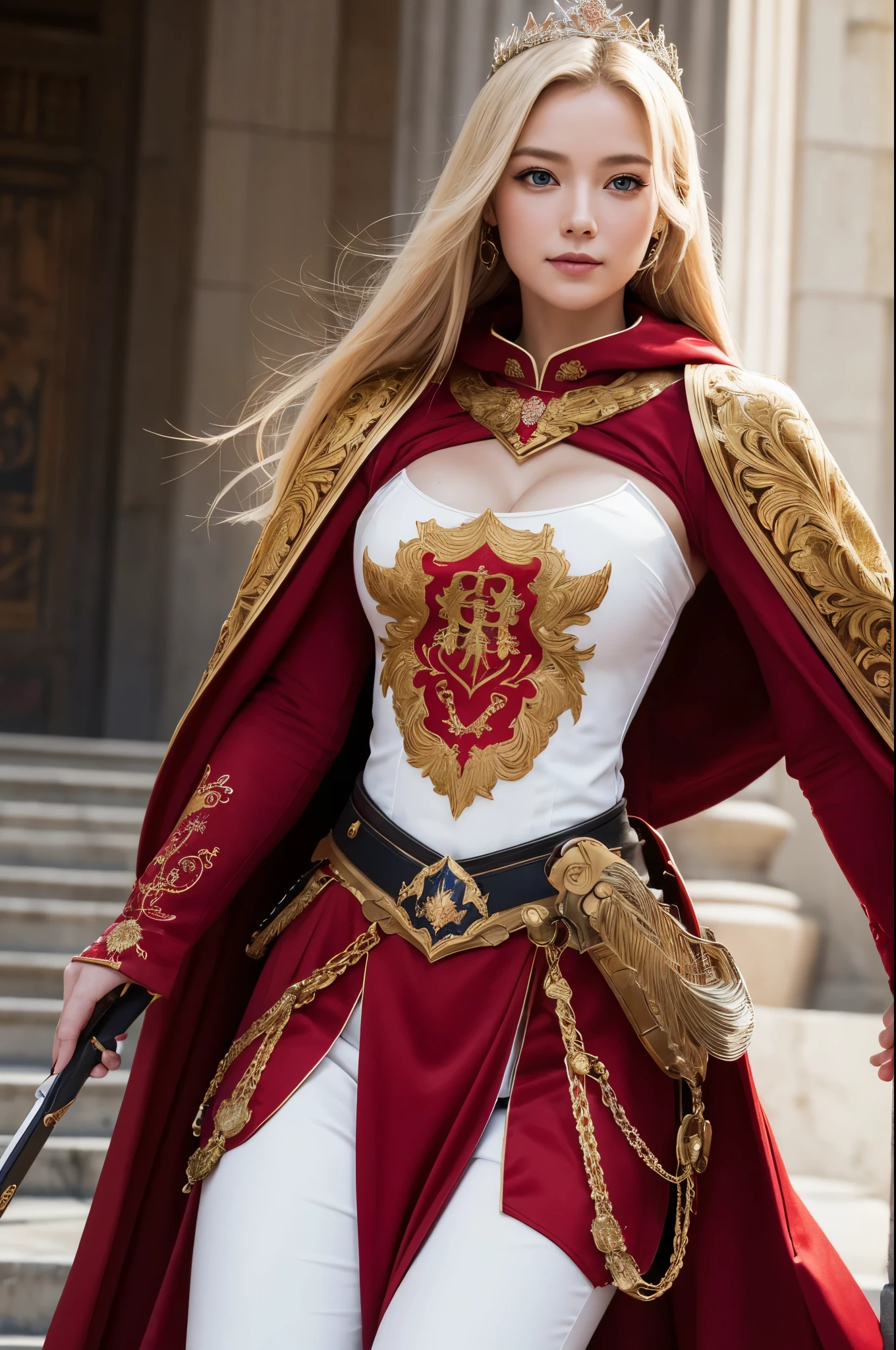 8K,Blonde princess in gorgeous red, white, Black and blue breastplate, Super Beauty(Like the real thing)Realistic Skin,美しいPrincess Night,blue eyes, Princess Night, ((美しい幻想的なPrincess Night)), Elegant , gorgeous princess paladin, 美しいPrincess Night,Ultra-high resolution,masterpiece,Surreal,Fantasy art,curator art,Cinestill 800,Captivating Gaze,Sexy,Close-up,Sexyな胸鎧,細くMuscularな身体,Battle Scenes,Action Scenes,Action pose,Equipped with a rapier on the waist,Royal coat of arms engraved on the breastplate,red and white luxurious cloak,Fight the enemy,Slender body,Muscular,gorgeous red and black pants(Gold embroidery),Small breasts,Childish appearance,Rugged appearance,身長が低いPrincess Night,Makeup,Big smile,