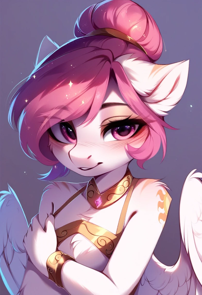 check_9, check_8_up, check_7_up, source_fluffy, rating_safe, from Magnaluna, Celestia poses seductively in a white bedroom, dark pink mane with gold stripes in it, hair bun with bangs, pink eyes, white body, anthro, blushing, wearing goldern lingerie 