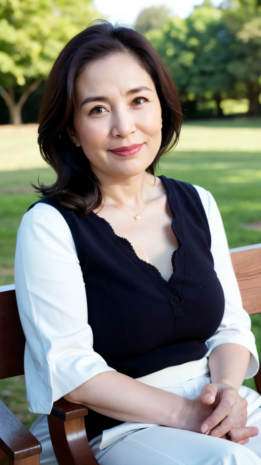 最high quality, In 8K, Masseter region, Genuine, Sharp focus, high quality, High resolution, Detailed face, fine grain, Thick lips, Background Blur, alone, Middle-aged women, , 65 years old, , Wavy Hair, Cleavage, Wearing a plain short-sleeved knit, sitting on a park bench, Wrinkles around the eyes, Smiling with teeth showing