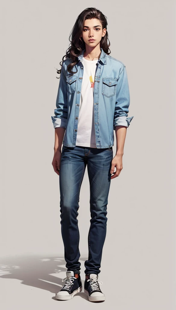  solo, full body, Brazilian 1boy 16 years old, wavy hair, wearing jeans and shirt