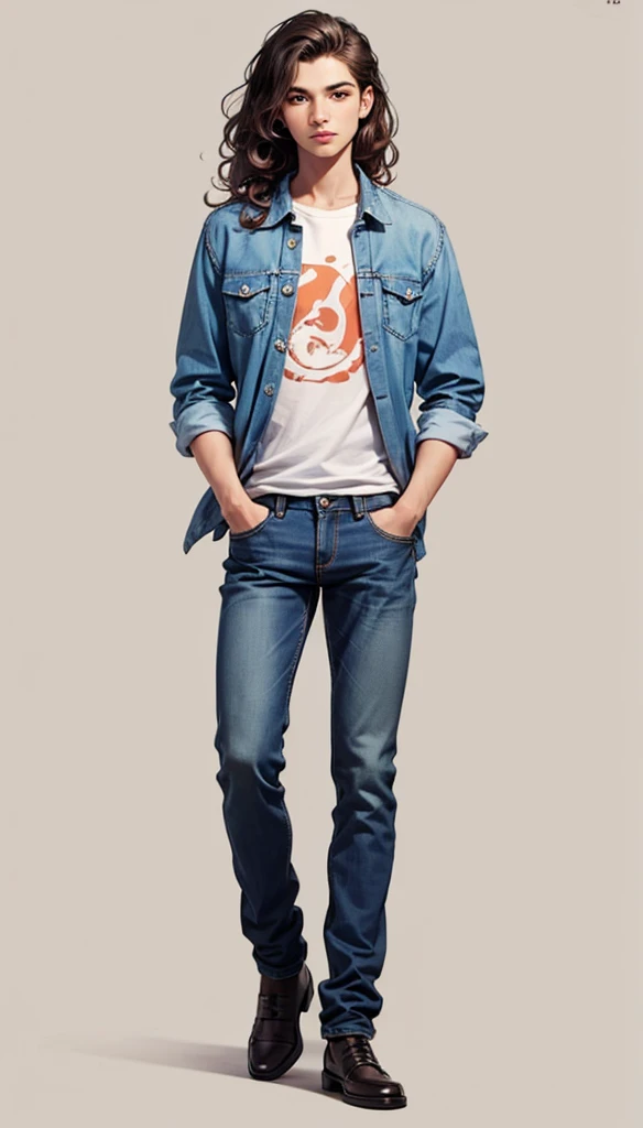 solo, full body, Brazilian 1boy 16 years old, wavy hair, wearing jeans and shirt