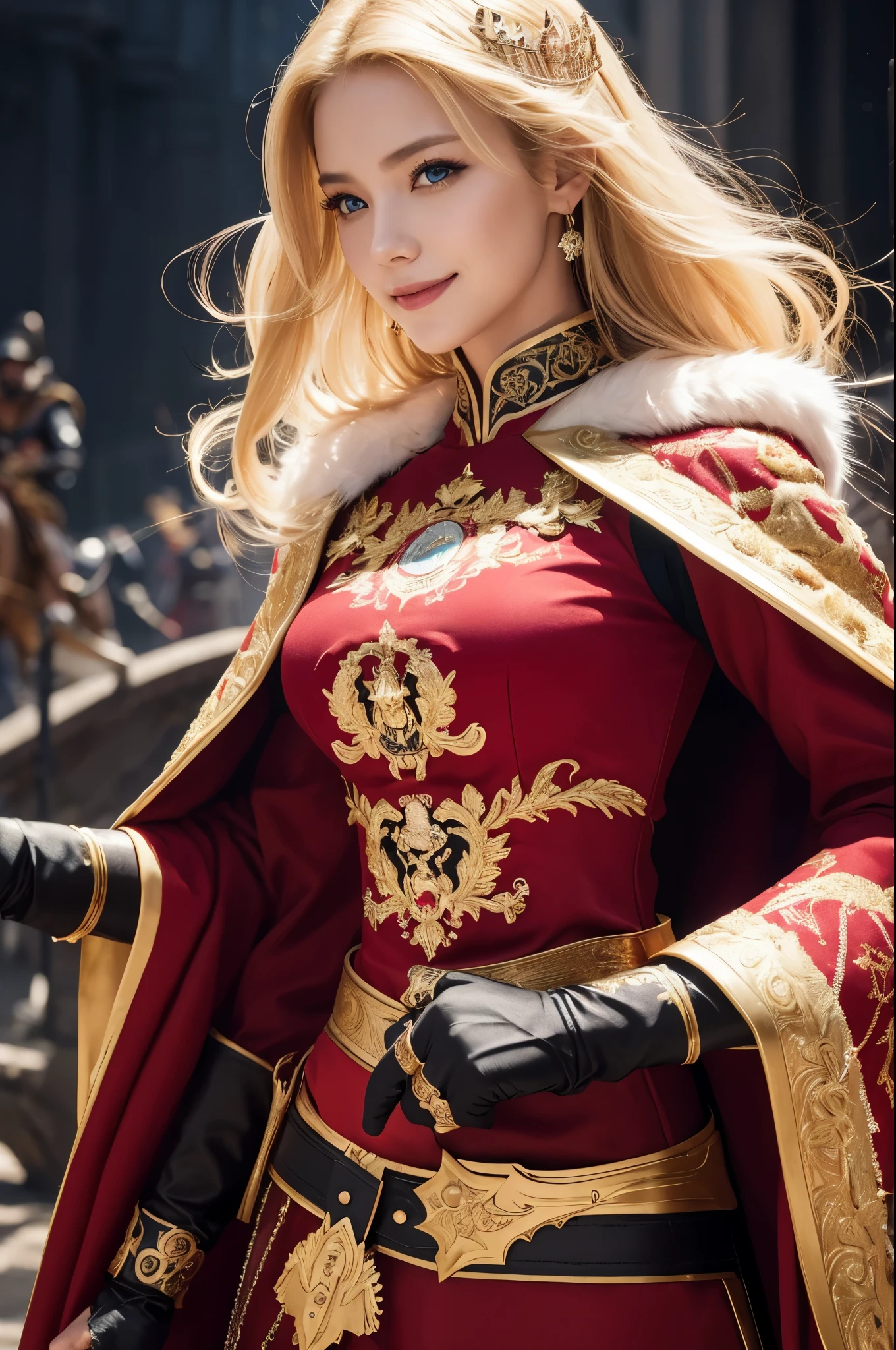 8K,Blonde princess in gorgeous red, white, Black and blue breastplate, Super Beauty(Like the real thing)Realistic Skin,美しいPrincess Night,blue eyes, Princess Night, ((美しい幻想的なPrincess Night)), Elegant , gorgeous princess paladin, 美しいPrincess Night,Ultra-high resolution,masterpiece,Surreal,Fantasy art,curator art,Cinestill 800,Captivating Gaze,Sexy,Close-up,Sexyな胸鎧,細くMuscularな身体,Battle Scenes,Action Scenes,Action pose,Equipped with a rapier on the waist,Royal coat of arms engraved on the breastplate,red and white luxurious cloak,Fight the enemy,Slender body,Muscular,gorgeous red and black pants(Gold embroidery),Small breasts,Childish appearance,Rugged appearance,身長が低いPrincess Night,Makeup,Big smile,