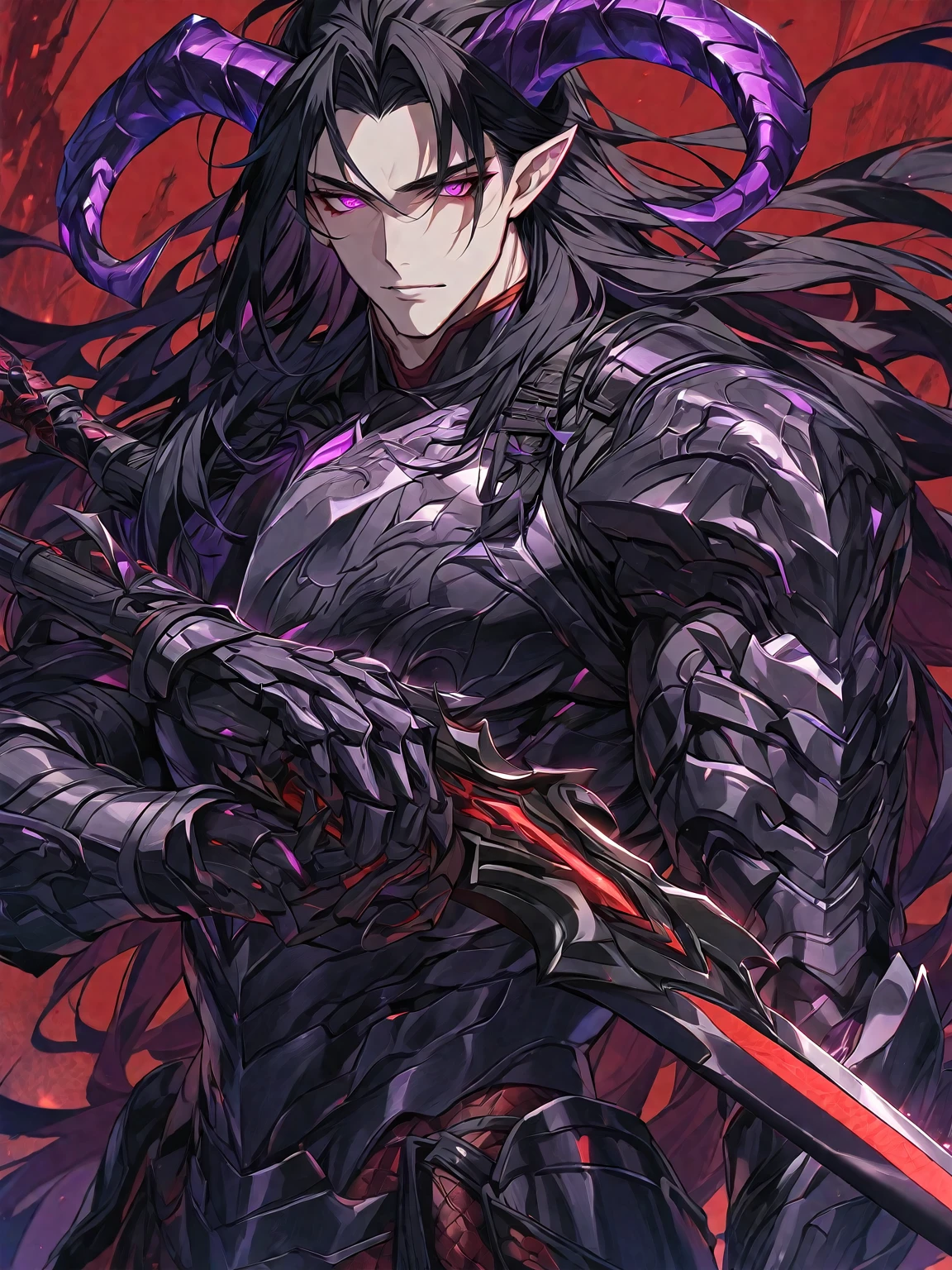 Masterpiece, Very detailed, ultra detailed, one, beautiful, (1 man), with a sporty body, V-shaped shoulders, he is in a fighting pose, black detailed armor with glowing purple details, black demonic horns, long hair, black hair, purple with red eye tones, a man has a huge and long sword in his hand, Black light