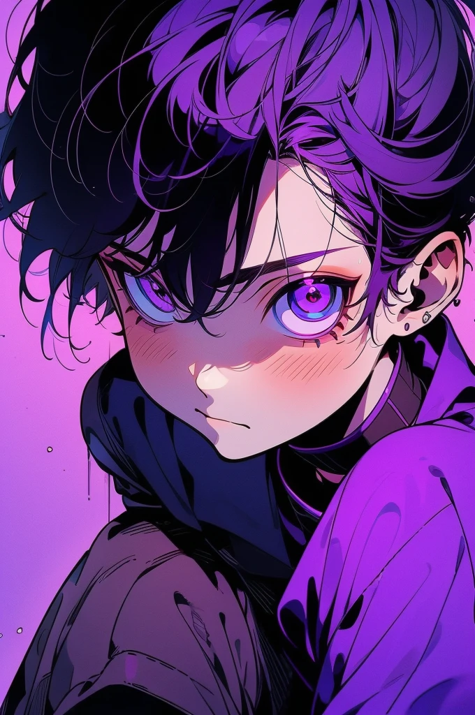 Develop a drawing in the style of Turma da Mônica, characterized by the design . The drawing must portray a young male with an introspective expression. He is wearing a purple shirt and has purple pupils. Her hair is brown. Use shading to add depth and texture to the scene, emphasizing the emotional gravity of the moment.